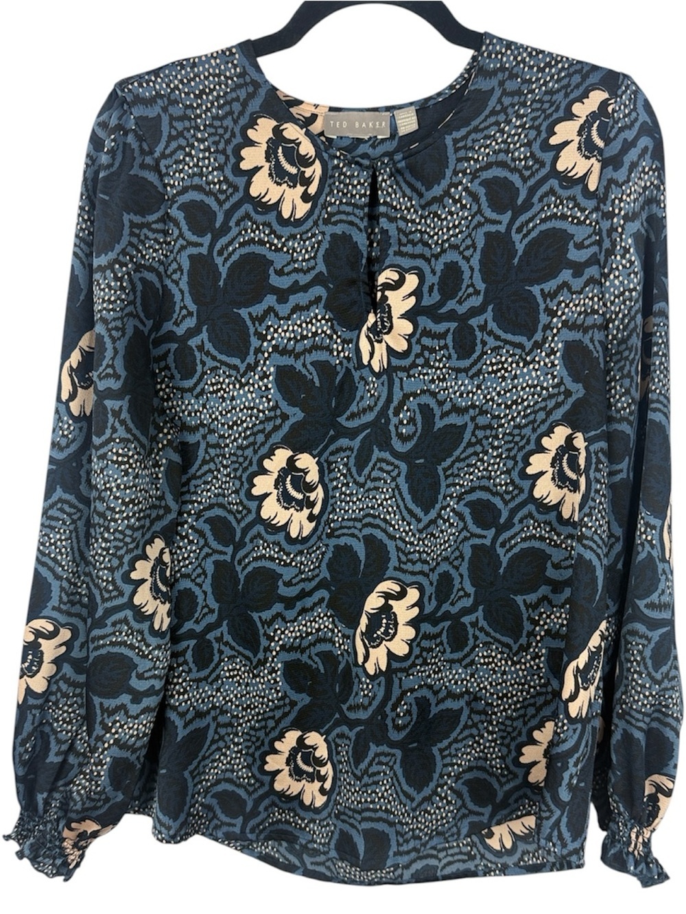 Ted Baker London Floral Keyhole Blouse Blue Cream Smocked Cuff Size M